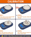 Calibration steps for Pocket Digital Gram Scale 0.01g Precision, 300g Capacity showing scale and weights.