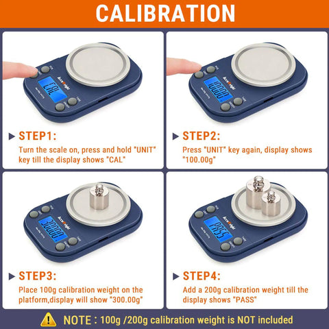 Calibration steps for Pocket Digital Gram Scale 0.01g Precision, 300g Capacity showing scale and weights.