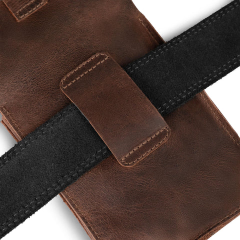 Back view of Full Grain Leather Holster Pouch Belt Clip Wallet Bag For Coins Change Headphones And Small Personal Items in bourbon brown