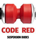 Two Front Stabilizer Sway Bar Links For Chevy And GMC Trucks, Built Tough, Black Zinc Coated Sway Bar Link, closeup with red bushings