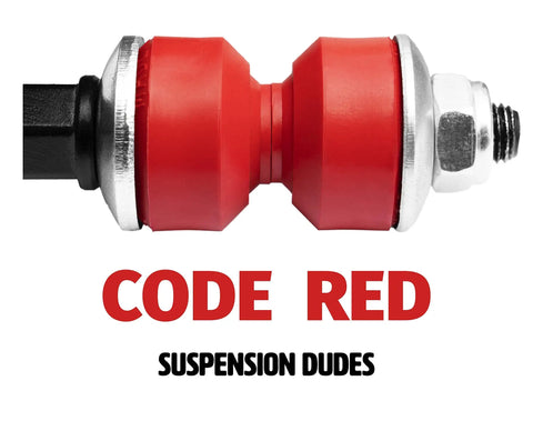 Two Front Stabilizer Sway Bar Links For Chevy And GMC Trucks, Built Tough, Black Zinc Coated Sway Bar Link, closeup with red bushings
