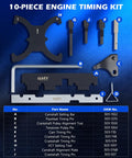 10 Piece Engine Timing Tool Kit With Camshaft Locking Tools Alignment Plates And Timing Pins For Ford Mazda Volvo Ecoboost Engines 1.5 1.6 2.0 2.5 Liter Models Pro Grade displayed with each part labeled in blue