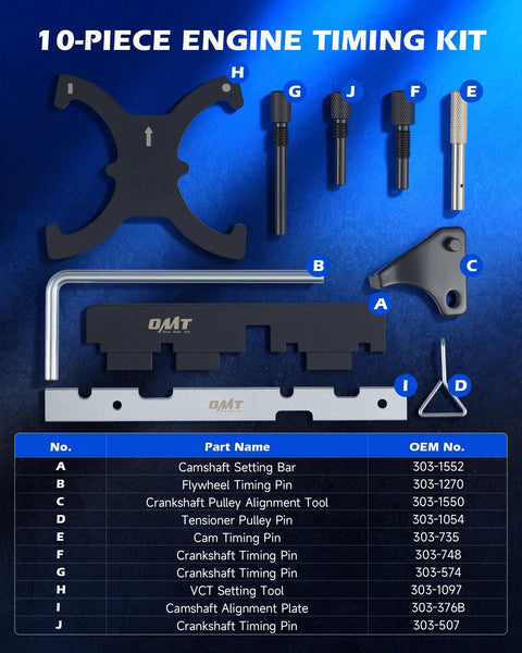 10 Piece Engine Timing Tool Kit With Camshaft Locking Tools Alignment Plates And Timing Pins For Ford Mazda Volvo Ecoboost Engines 1.5 1.6 2.0 2.5 Liter Models Pro Grade displayed with each part labeled in blue