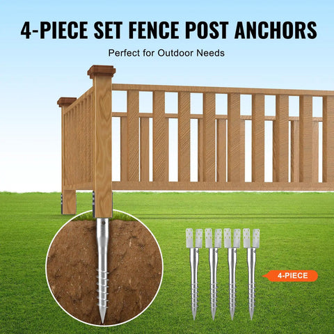 Heavy Duty Ground Screws For Fence And Mailbox Posts 4 Pack with solid steel anchors in grass near fence.