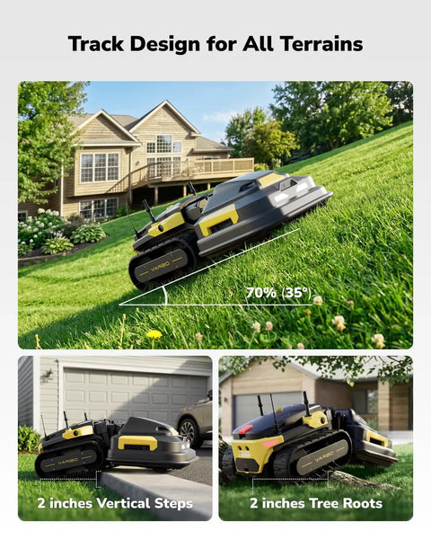 All Season Yard Master 4 In 1 Modular Robot climbing steep hill with track design in a large yard under clear sky.
