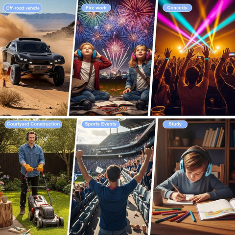 Collage of 12 Pack Kids And Adults Earmuffs For Noise Canceling 27 Decibels Ear Protection used in various activities.