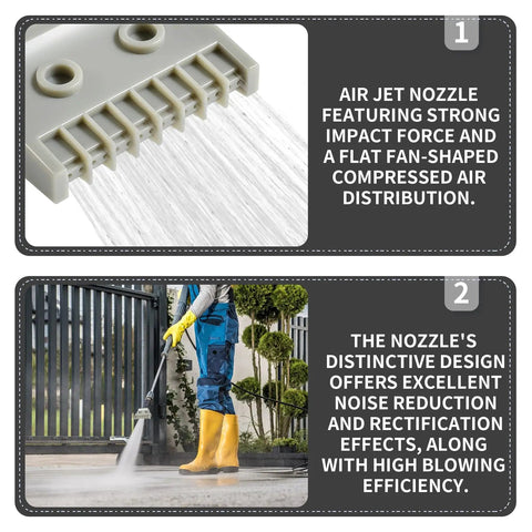 Two Pack G1/4 BSPT Male ABS Flat Nozzle Set showing air flow and usage for air blow off and jet nozzles dust removal