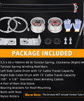 Ramp Door Spring Kit 80 lb For 7 Ft Wide Cargo Trailers with gloves, cables, drums, and brackets displayed on black background