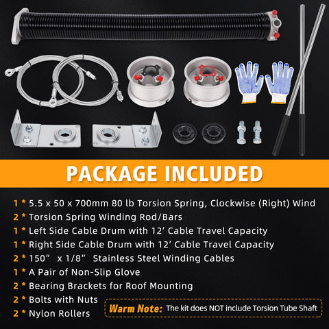 Ramp Door Spring Kit 80 lb For 7 Ft Wide Cargo Trailers with gloves, cables, drums, and brackets displayed on black background