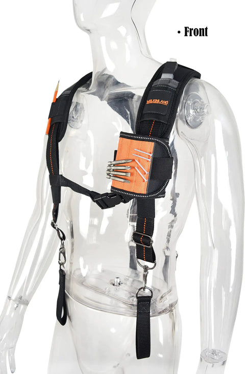 Front view of All Day Comfort 2.5 Inch Tool Belt Suspenders Set for Men with EVA padding, neoprene lining, and attached tool loops.