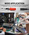 Collage showcasing 50 Pack Small Alligator Clip Test Clamps With Plastic Grips Red And Black 25 Each Kit For Wires And Joints in use