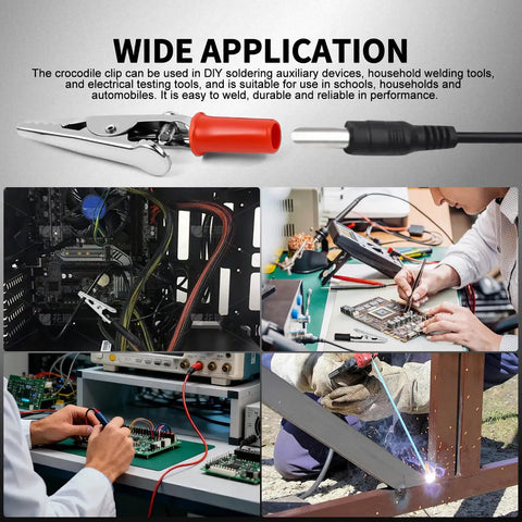 Collage showcasing 50 Pack Small Alligator Clip Test Clamps With Plastic Grips Red And Black 25 Each Kit For Wires And Joints in use