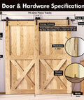 Black Rustic Single Track Barn Door Hardware Kit for Double Doors installed on 44in wide by 84in high wooden doors, 7ft track visible.