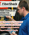 Technician using LC Fiber Optic Connector Kit With 10 Duplex LC Couplers, holding organizer case in a data center.