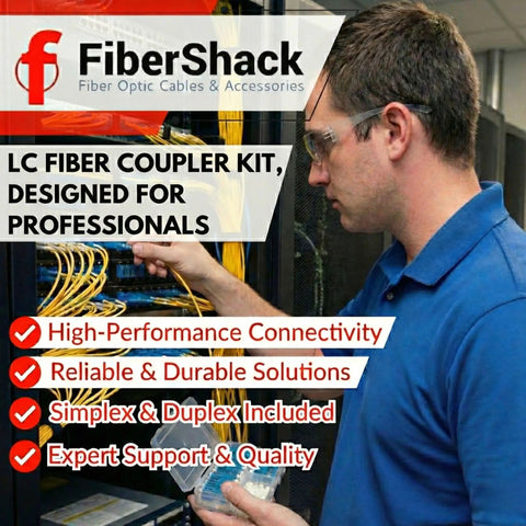 Technician using LC Fiber Optic Connector Kit With 10 Duplex LC Couplers, holding organizer case in a data center.