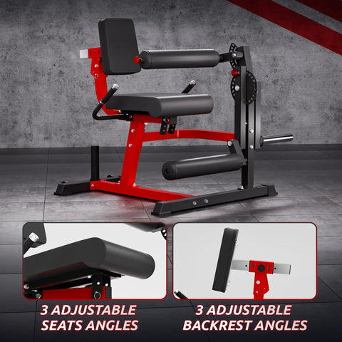 2-In-1 Leg Extension And Curl Machine For Home Gym with adjustable angles, high-density foam rollers, shown in red and black