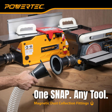 Powertec 4 Inch To 2-1/2 Inch Magnetic Dust Collection Connector With Eight Rare Earth Magnets for shop vacuums in use.