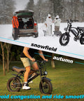 Mountain Electric Bike For Adults With 16 Inch Fat Tire Wider Seat 800W Peak Motor in snowfield and autumn settings