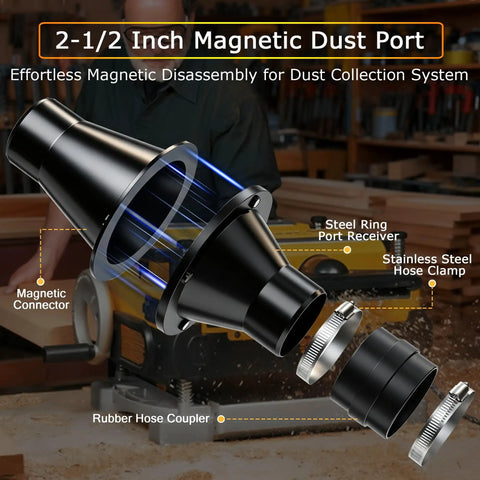Premium Magnetic Dust Collection Kit For 2 Inch To 2-1/2 Inch Hose Conversion showing 2-1/2 inch magnetic dust port with connectors.
