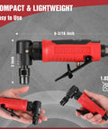 Air Pro Grade Right Angle Die Grinder 1/4 Inch Pneumatic, 20000 RPM, 90 Degree Head with collets shown in hand