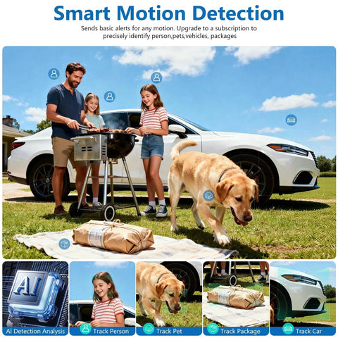 Family barbecuing with Solar Powered Wireless Outdoor Security Camera monitoring pet and package with motion detection.