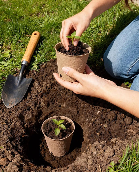 Person planting Seed Starter Pots Set With 60 Pcs In 3.15 And 4 Inch Sizes, Drainage Holes For Easy Transplanting into garden soil.