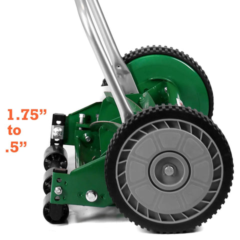 Side view of No Sweat 14 Inch 5 Blade Push Reel Lawn Mower With Ball Bearing Reel And Cushioned T Style Handle Adjustable Cutting Height