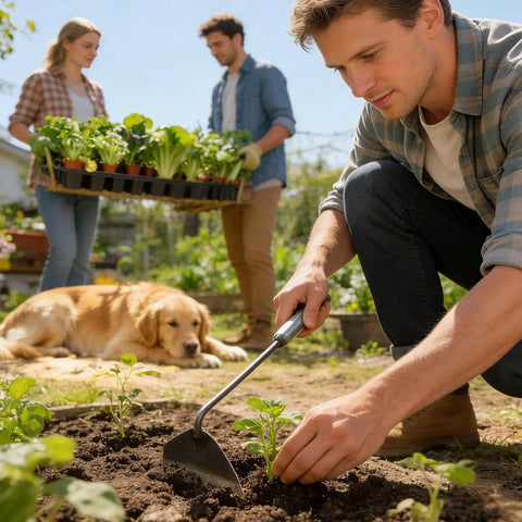 Man using Manual Garden Sickle Weeding Tool Built For Tough Weeds And Grass Cut A Real Workhorse in garden, with others planting and dog nearby.