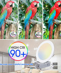 High CRI comparison with a red parrot and 6 Inch 3CCT Ultra-Thin LED Recessed Ceiling Light With Junction Box, 90+ CRI highlight