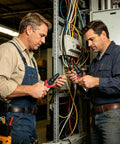 Two men using Heavy Duty Wire Stripper Pliers And Cutters, 6 Inches Long, on electrical wires in a workshop.
