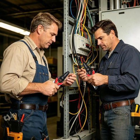Two men using Heavy Duty Wire Stripper Pliers And Cutters, 6 Inches Long, on electrical wires in a workshop.