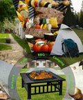 Collage of 32 Inch Square Fire Pit Table with Spark Screen, BBQ setup, ice bucket, patio, camping, and backyard settings
