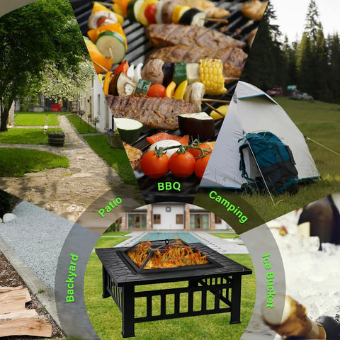 Collage of 32 Inch Square Fire Pit Table with Spark Screen, BBQ setup, ice bucket, patio, camping, and backyard settings