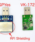 USB GPS Receiver With U-Blox 8 Chipset, Compact 4x2x0.2 Inch Module, RFI shielding close-up, GPYes and VK-172 models