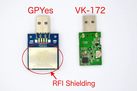 USB GPS Receiver With U-Blox 8 Chipset, Compact 4x2x0.2 Inch Module, RFI shielding close-up, GPYes and VK-172 models