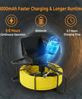 Rugged Pipe Inspection Camera With A 4.3 Inch Hd Dvr Monitor And 100 Ft Waterproof Cable showing 8000mAh battery and yellow cable.