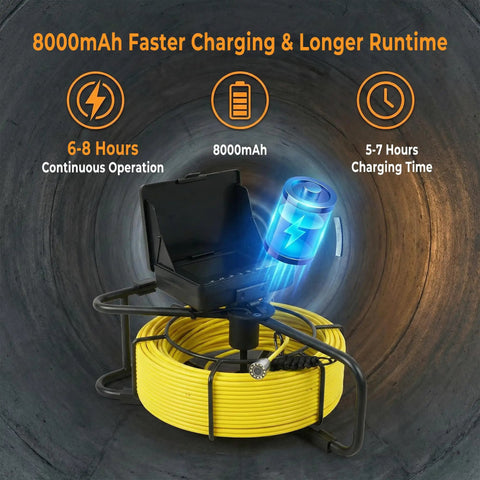 Rugged Pipe Inspection Camera With A 4.3 Inch Hd Dvr Monitor And 100 Ft Waterproof Cable showing 8000mAh battery and yellow cable.