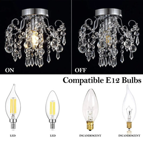 Small Crystal Chandelier Flush Mount Modern Mini Ceiling Light Fixture For Hallway Entryway Bedroom Bathroom Closet Chrome Metal With K9 Crystal Sparkling Finish And Super Easy Assembly, shown lit and unlit with compatible E12 bulbs.