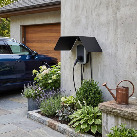 Heavy Duty Aluminum Alloy EV Charger Protective Cover Wall Mounted Weather Shield For Electric Vehicle near a garage with flowers.