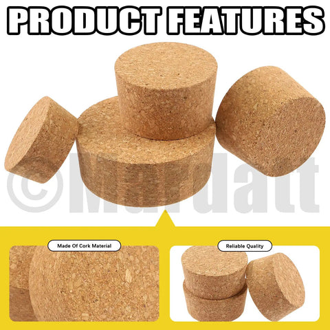 Nine Piece Cork Plugs Set In Three Tapered Sizes 28, 34, 48 Natural Soft Wood Bottle Stoppers displayed in multiple angles