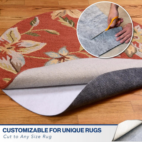 Non Slip Rug Pad 4 By 6 Foot Reversible Gripper, thick natural fiber, cut to fit under floral rug on hardwood floor.