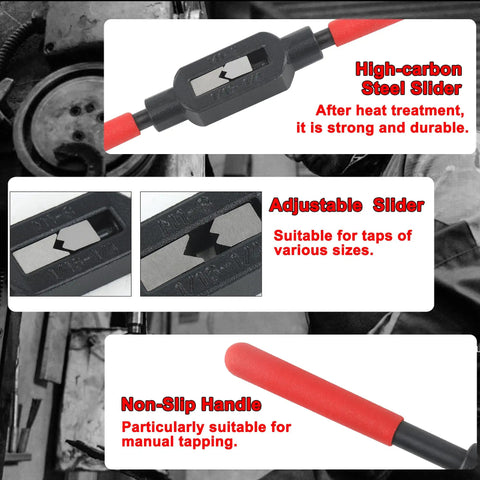 Close-up of 2 Piece Adjustable Tap Wrench Set With Non Slip Handles For Metric And SAE Taps 1/16 To 1/4 Inch And 3/16 To 1/2 Inch UNC UNF M1 To M8 M4 To M12 Heavy Duty High Carbon Steel Tool showing steel slider and red non-slip handle.