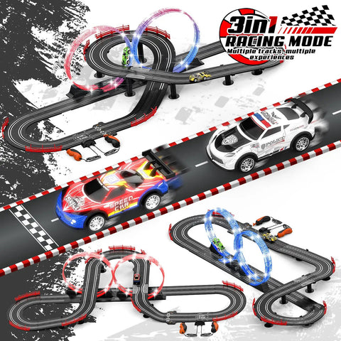 3 In 1 Slot Car Race Track Set With 4 High Speed Cars Includes Circular Overpass And Flash Tracks 1 To 43 Scale Remote Control Racing Easy Build Auto Lap Counter Perfect Gift For Adults And Kids 6 7 8 9 10 12 Year Olds Fam Friendly Fun displayed with multiple track configurations