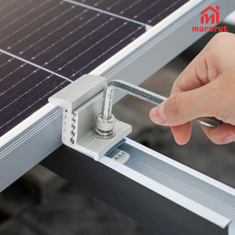 10 Pack Heavy Duty Solar Panel End Clamp Brackets installed on a solar panel rail, adjustable aluminum mount with tool.