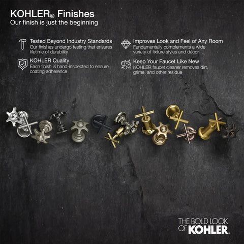 Kohler faucet finishes displayed on dark background, highlighting various styles and durability features in bold style