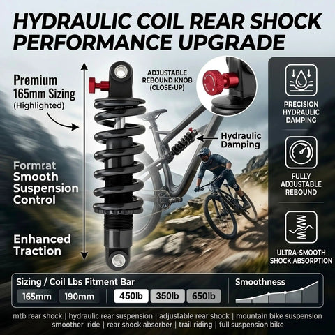 190mm Rear Shock Absorber For Full Suspension Mountain Bike, 450 Pound Hydraulic Coil Spring Rear Shock, featuring adjustable rebound and preload with 24mm mount width and 8mm hardware, includes screw details.