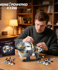 Man assembling Aircraft Engine Building Kit With App Control Lighted Dope Mini Turbojet Model Featuring 564 Plus Pieces