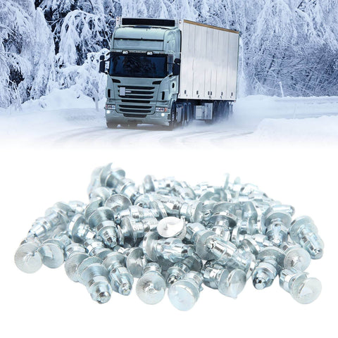 Tire Thread Studs Set With Tungsten Steel Screws 50 Piece Silver Finish Enhanced Traction with truck in snowy background