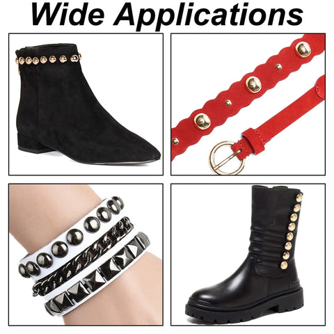 Top Shelf 20 Sets Heavy Duty Silver 15X8MM Dome Spikes And Screw Back Leather Studs With Installation Tool For Tough Diy Craft Bags Shoes And Belt Hardware shown on accessories like boots and bracelets.