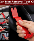 Solid Gear 8 Piece Auto Trim Removal Kit With Non Scratch Pry Bars And Heavy Duty Fastener Clip Pliers For Smooth Car Panel And Dash Restoration Jobs Daily, featuring ergonomic red pry bar in use.